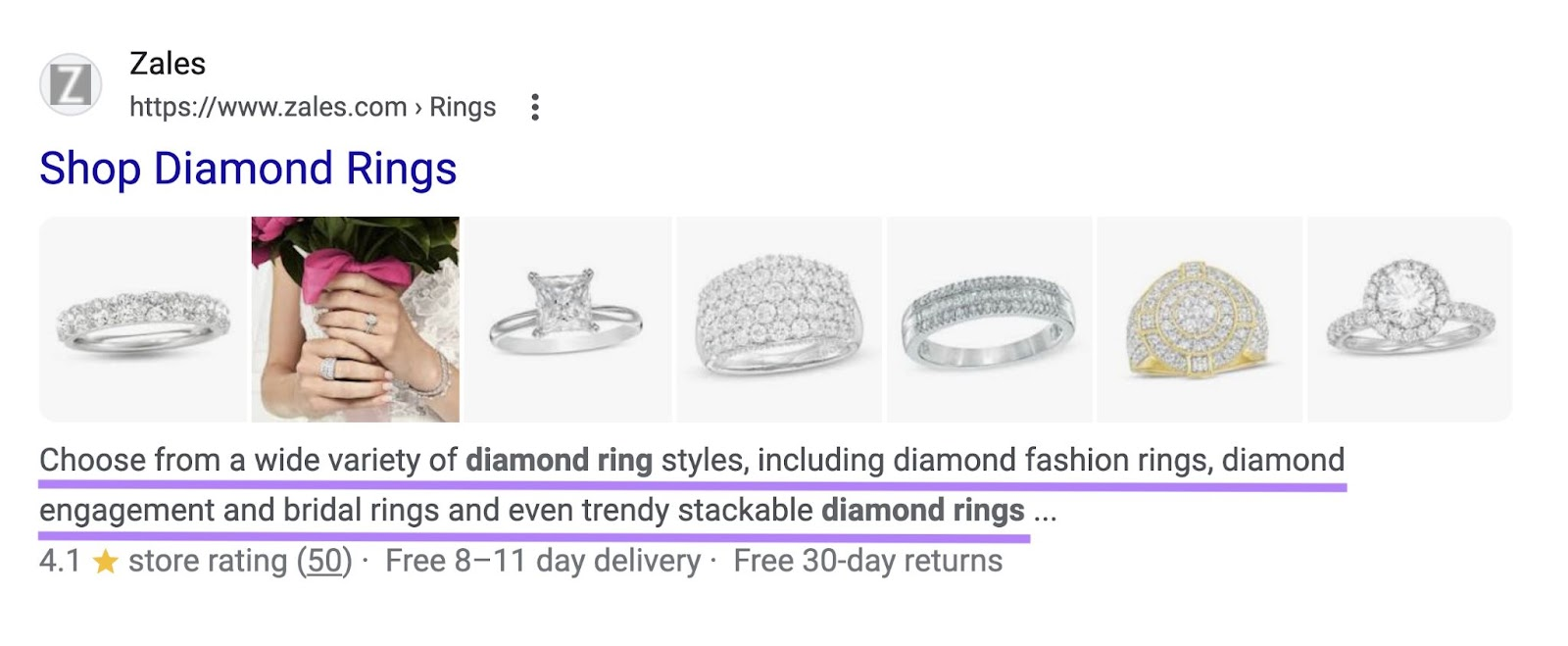 Resultados da SERP do Google com uma descrição meta da página da Zales em destaque