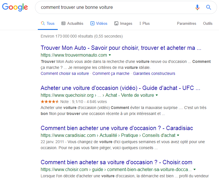 Requête Google : Comment trouver une bonne voiture