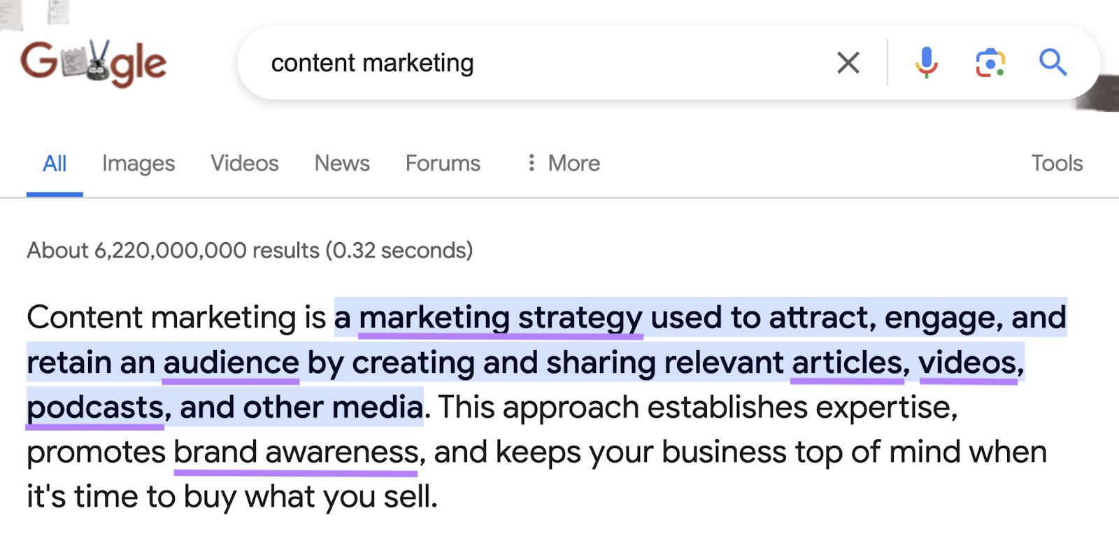 Palavras-chave principais destacadas no snippet em destaque