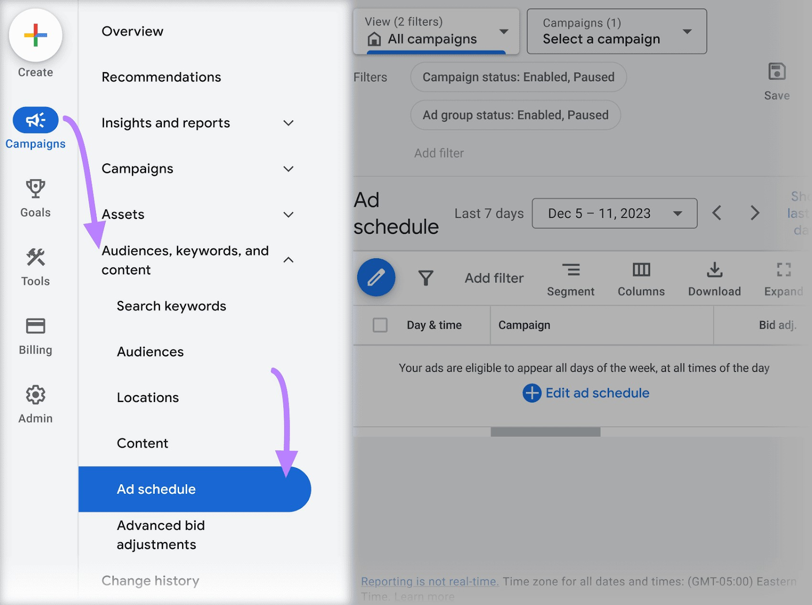 Ad schedule in Google Ads sidebar