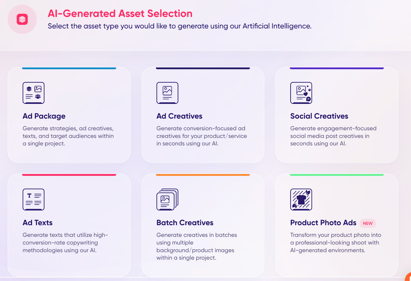 AdCreative.ai de Semrush : variétés d'options pour la création de contenu pour les annonces publicitaires