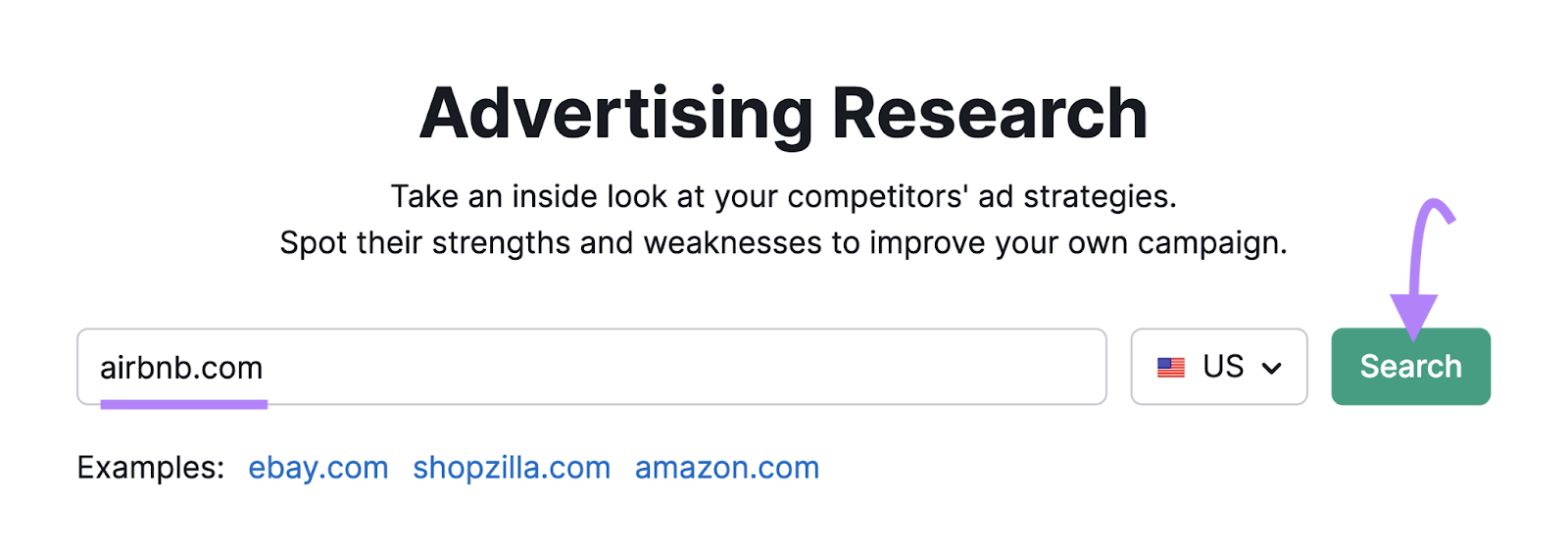 "airbnb.com" introducido en la barra de búsqueda de la herramienta de Investigación Publicitaria