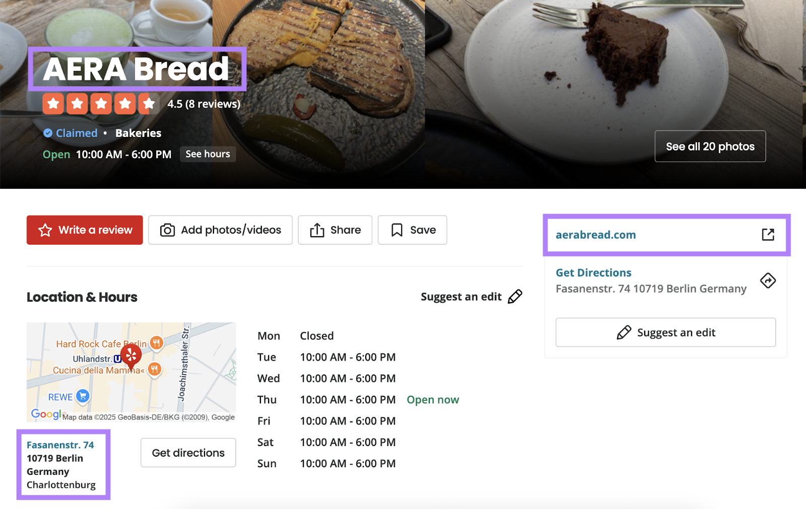 Die Yelp-Seite für lokale Unternehmen enthält NAP-Informationen.