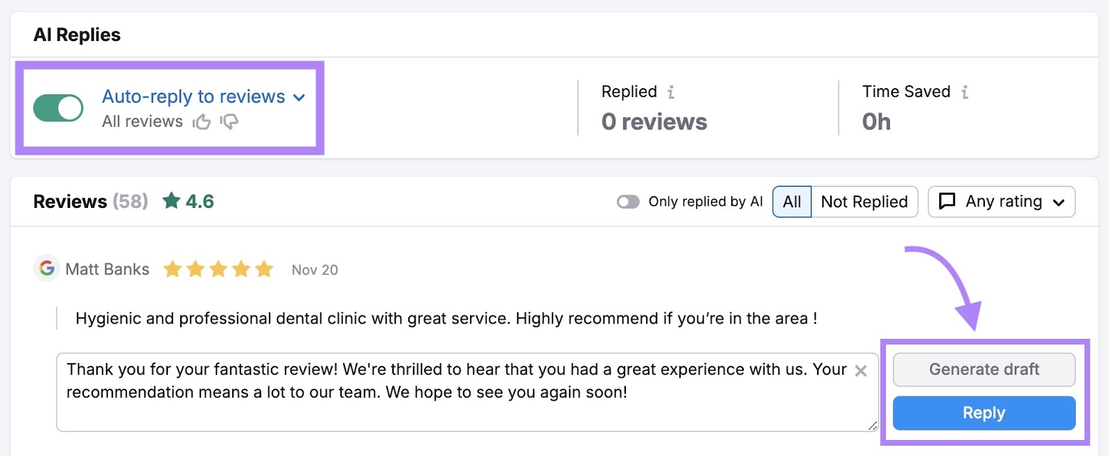 Review Management with "Auto-reply to reviews" toggled on along with the options next to a AI-generated reply to a review highlighted.