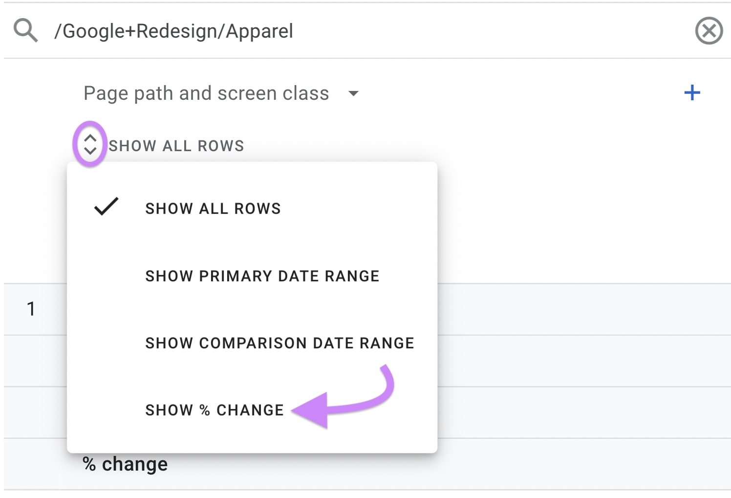 Opção "Show % Change" selecionada no menu suspenso "Show All Rows" (Mostrar todas as linhas)