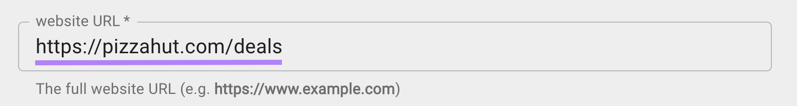 "https://pizzahut.com/deals" inserido no campo "URL do site"