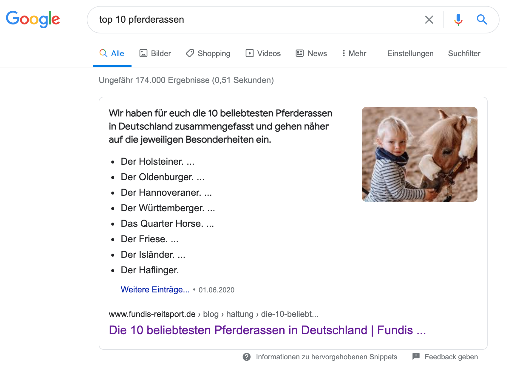 Top 10 Pferderassen Hervorgehobenes Snippet Screenshot