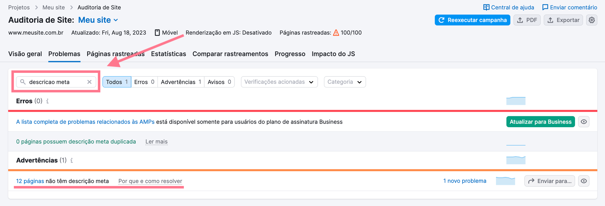 erros de descrição meta