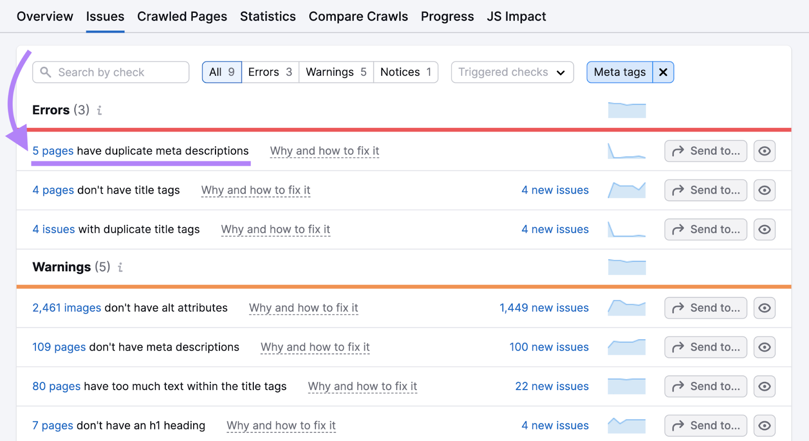 "Filtre de catégorie des balises méta" sélectionné dans l'onglet "Issues" de l'audit du site.