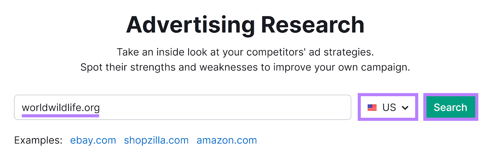 Das Semrush-Werbeanalysetool startet mit der Eingabe der Domain und des Standorts; anschließend wird die Suchschaltfläche hervorgehoben.
