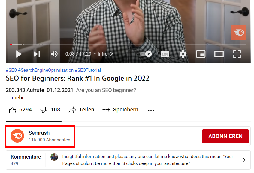 Screenshot: ein YouTube-Video von Semrush