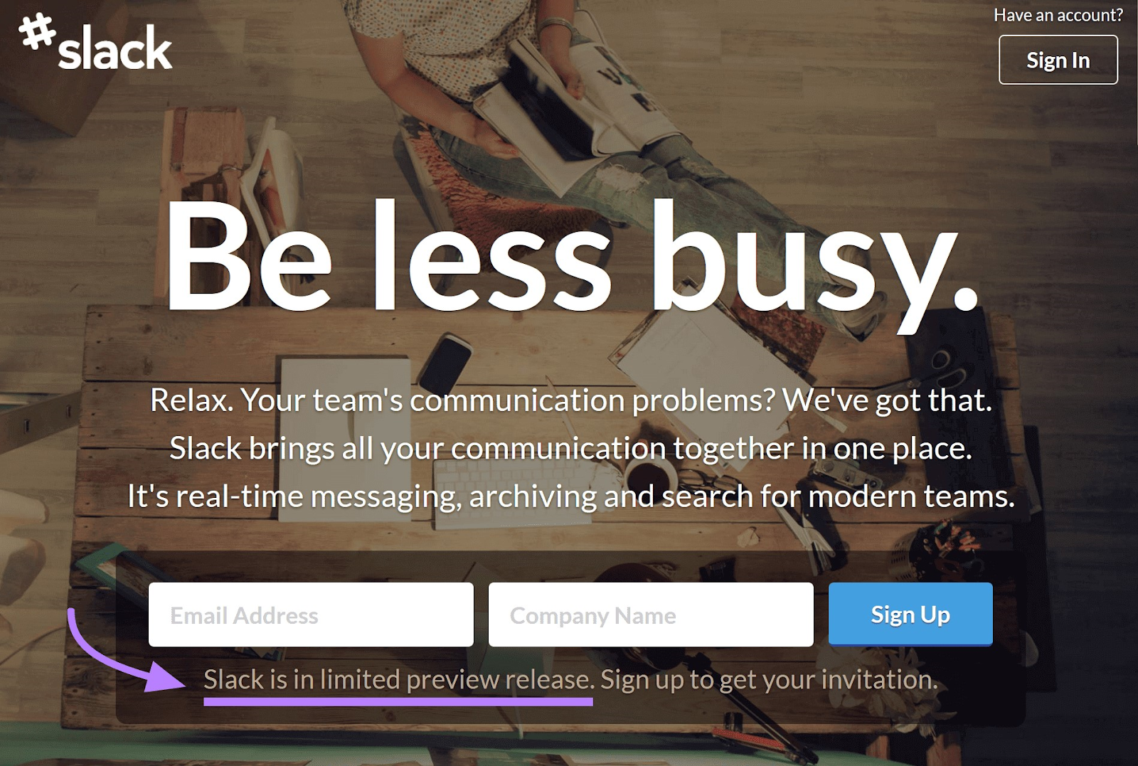 La landing page dell'evento di lancio di Slack
