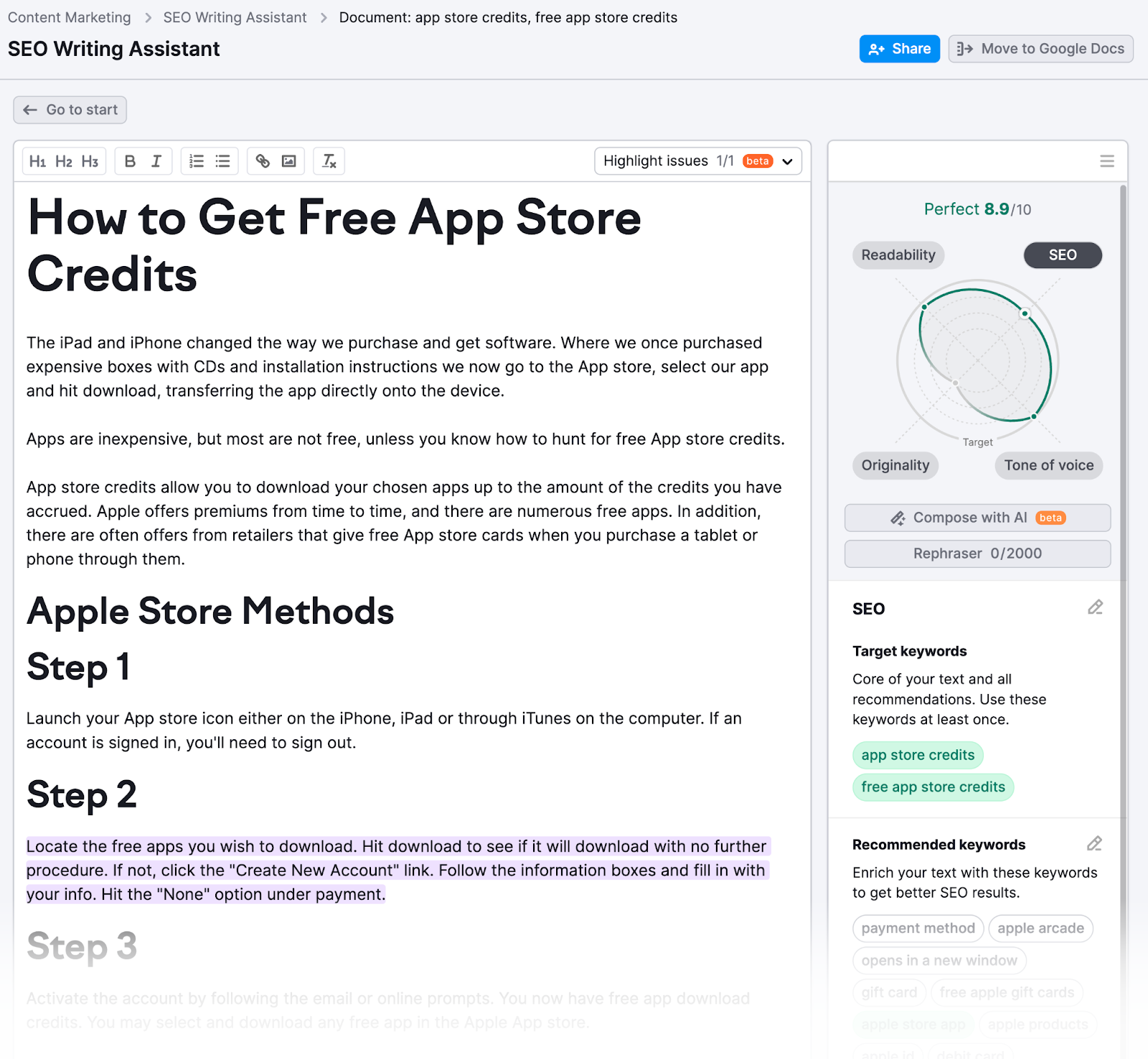 SEO Writing Assistant dispone di un editor di testo, di un punteggio e di raccomandazioni.