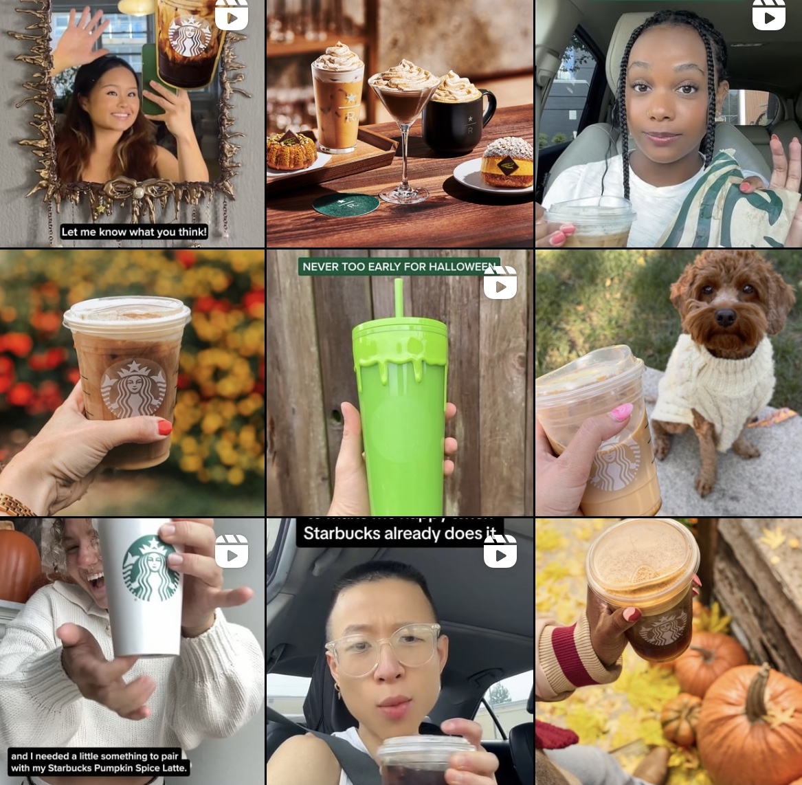Compte Starbucks montrant comment les posts varient entre les bobines et les images fixes.