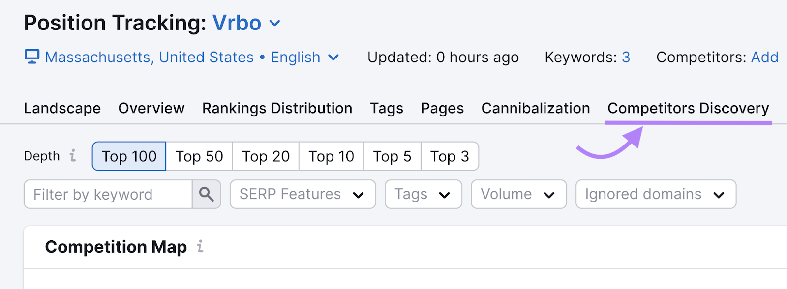 Pestaña "Descubrimiento de competidores" resaltada en Seguimiento de posición