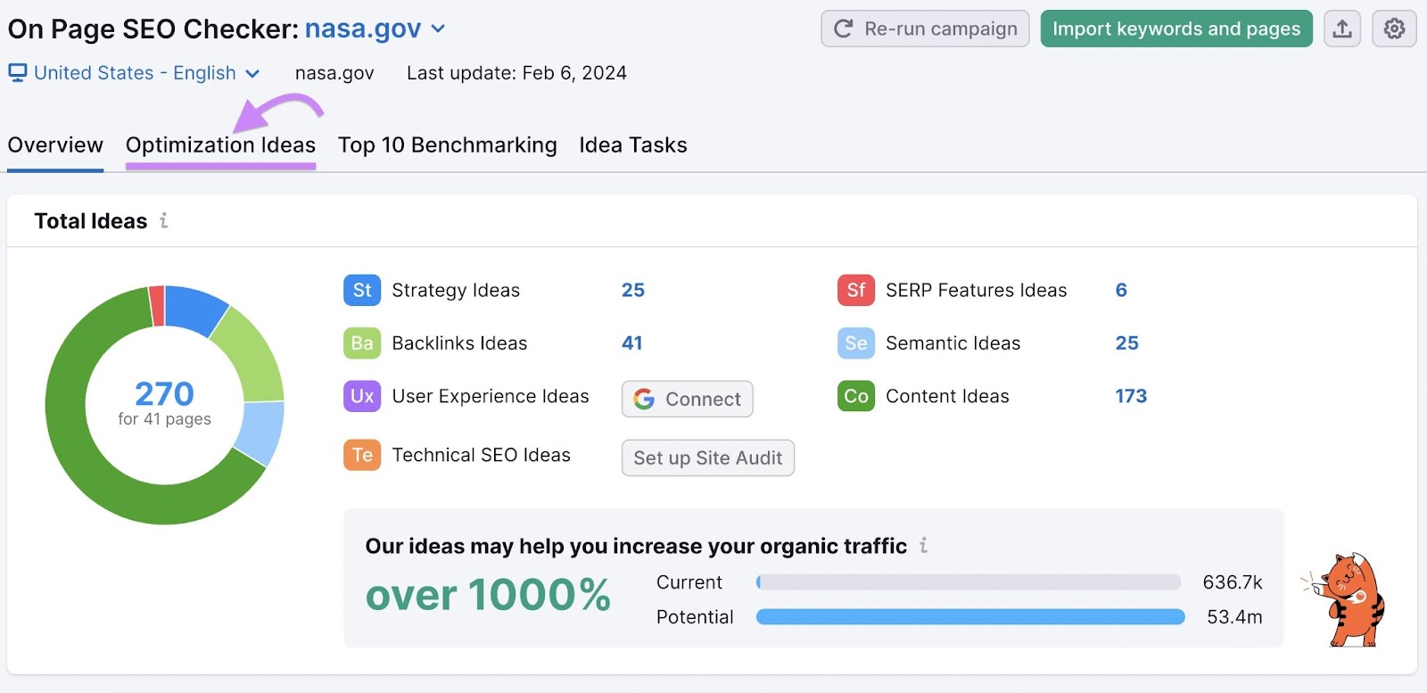 Guia "Optimization Ideas" (Ideias de otimização) destacada no On Page SEO Checker
