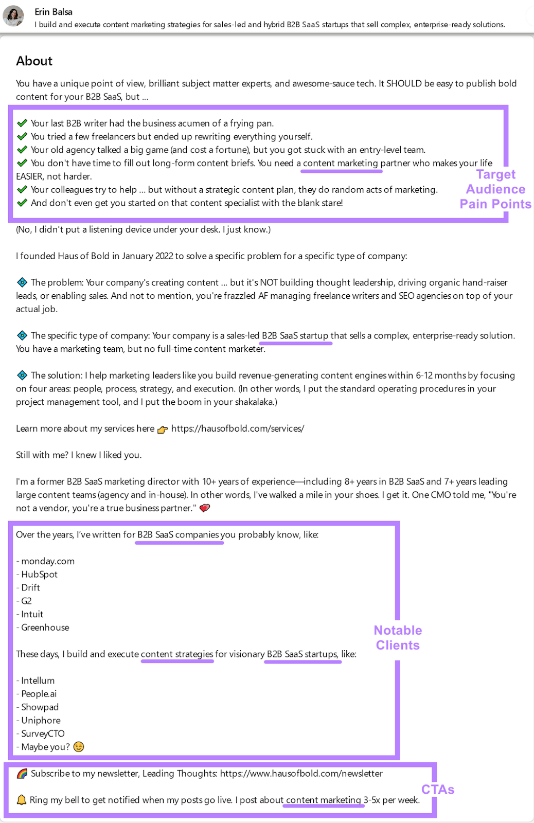 Captura de pantalla de la sección "Acerca de" del LinkedIn de Erin Balsa