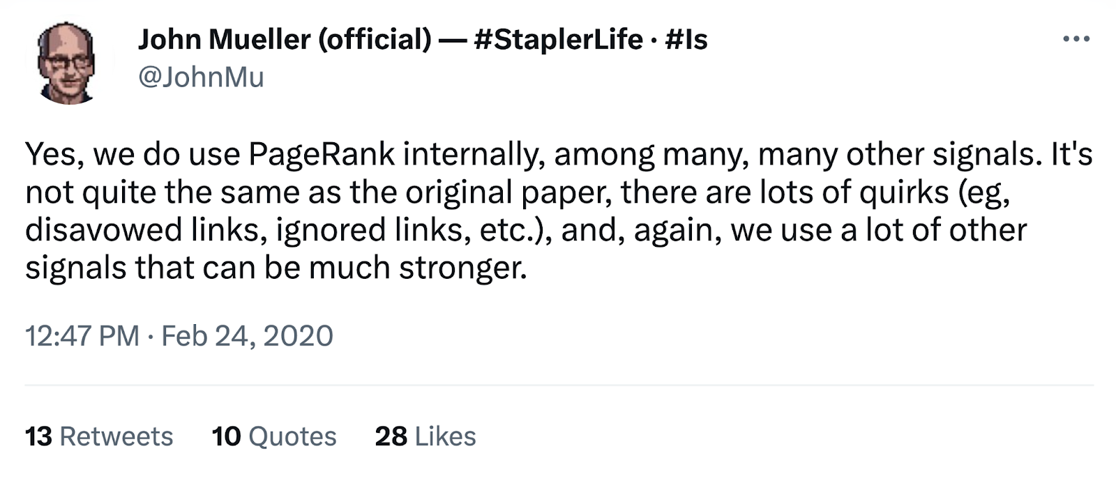 Screenshot do tweet de John Mueller