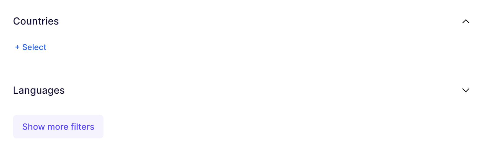 As seções "Países" e "Idiomas" estão disponíveis na configuração do aplicativo de monitoramento de marca.