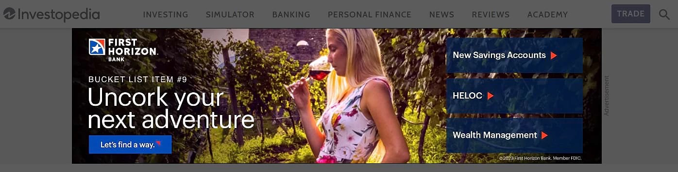 Investopedia-Bannerwerbung mit "Entdecke dein nächstes Abenteuer" kopieren