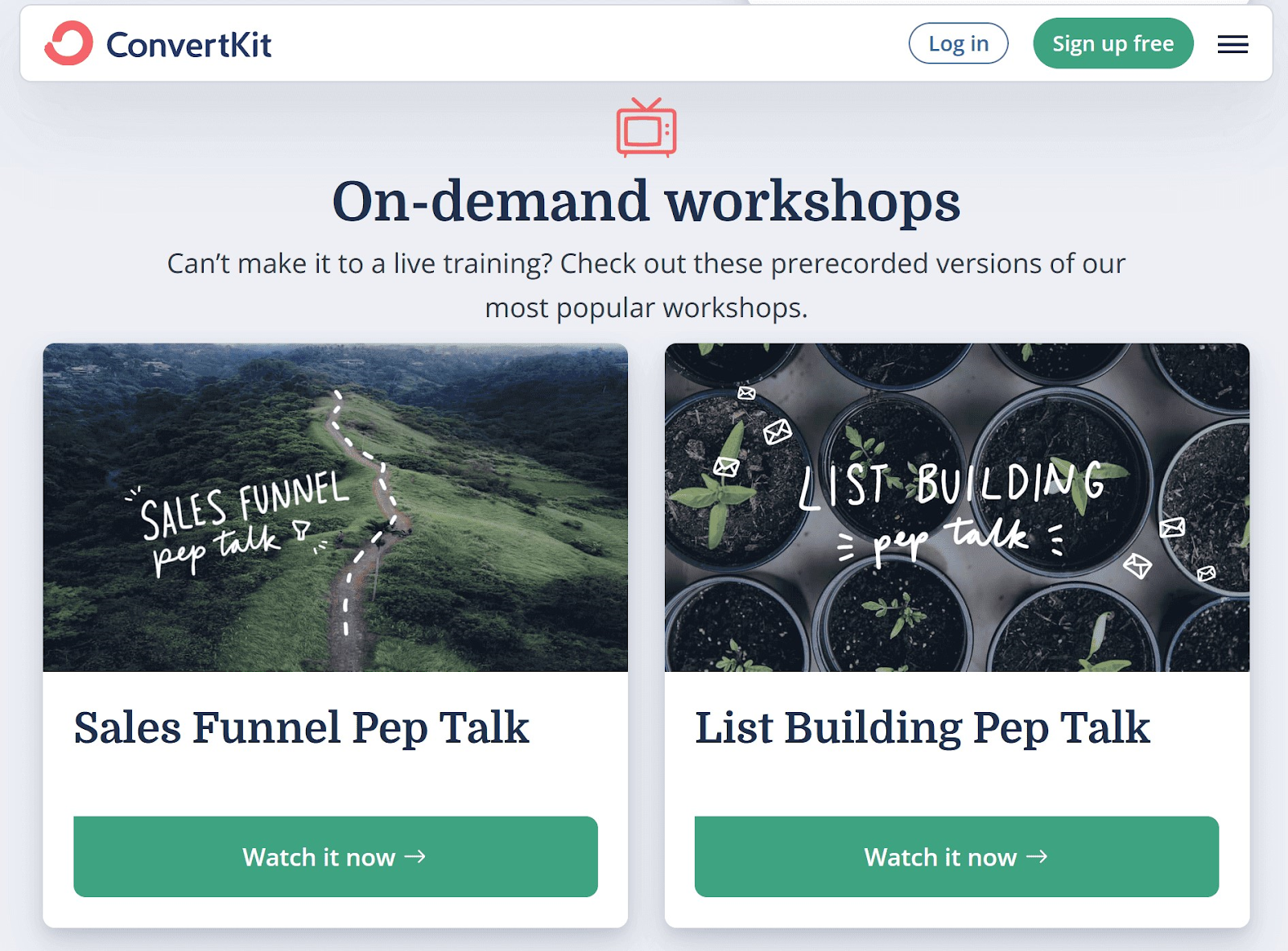 Pagina di ConvertKit "Workshop on-demand"