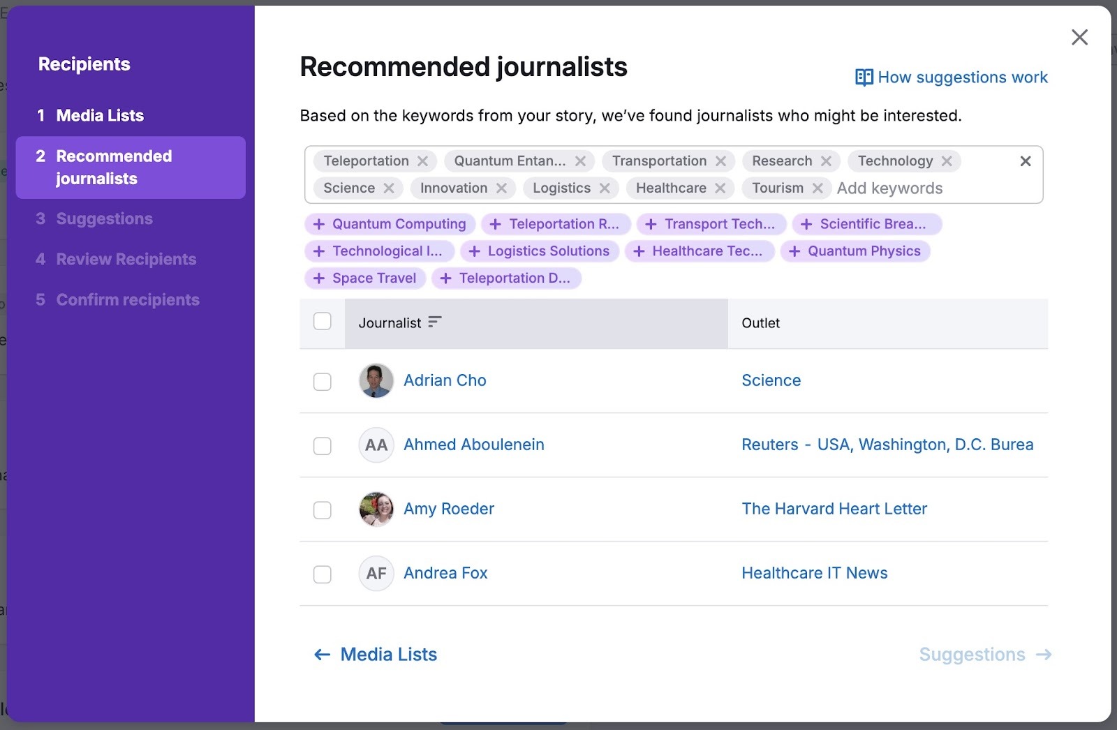 The AI PR Toolkit showing a list of relevant journalists based on a press release's keywords.
