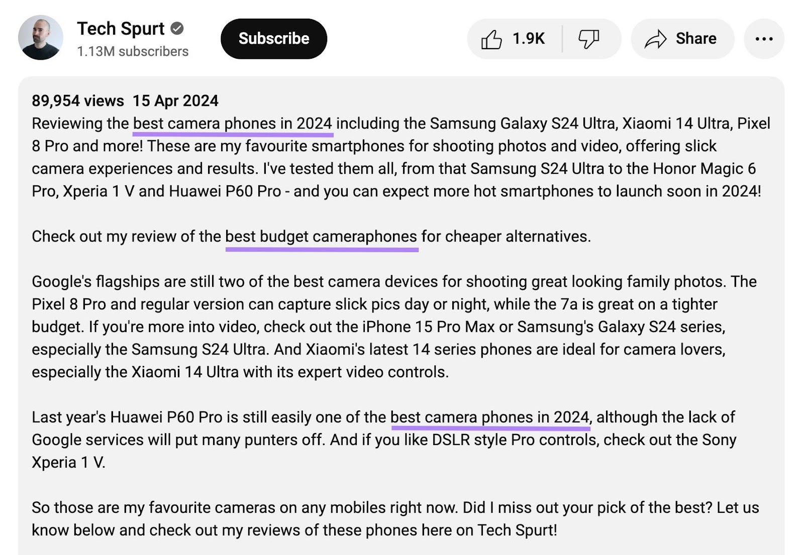 Eine solide Beschreibung für ein YouTube-Video, in der das primäre Keyword und seine Variationen hervorgehoben sind.
