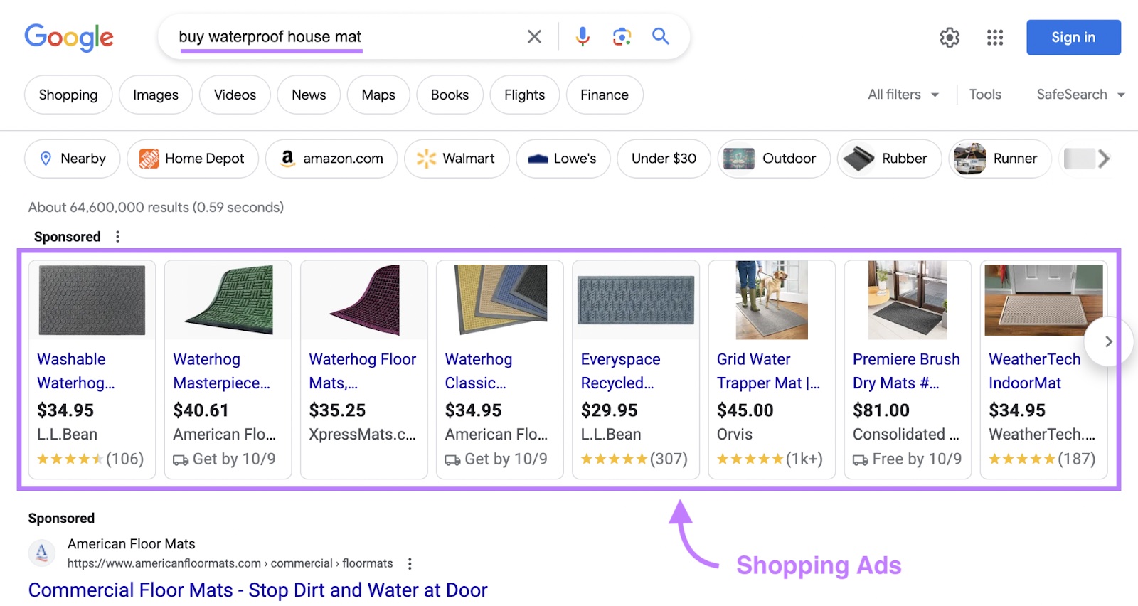 Les annonces de Google shopping apparaissent pour la requête "acheter un tapis de maison imperméable".