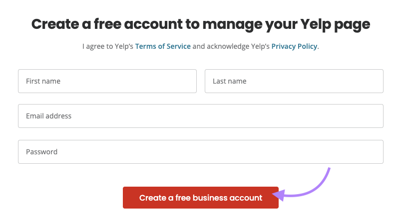 Yelp-Unternehmensregistrierungsseite.