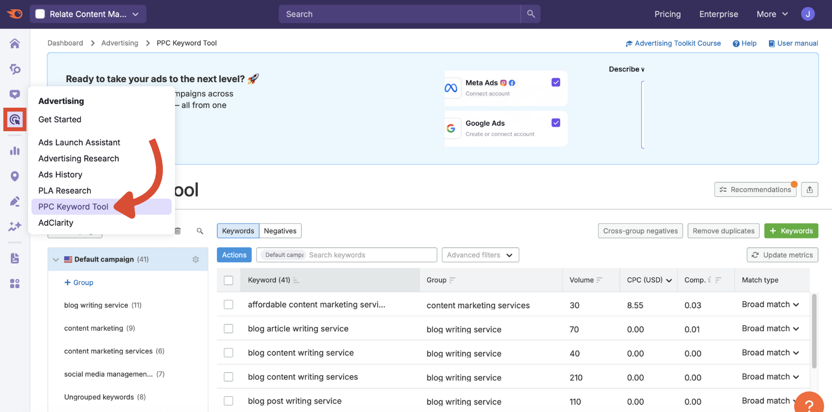 Where to access the PPC Keyword Tool from the Semrush sidebar.