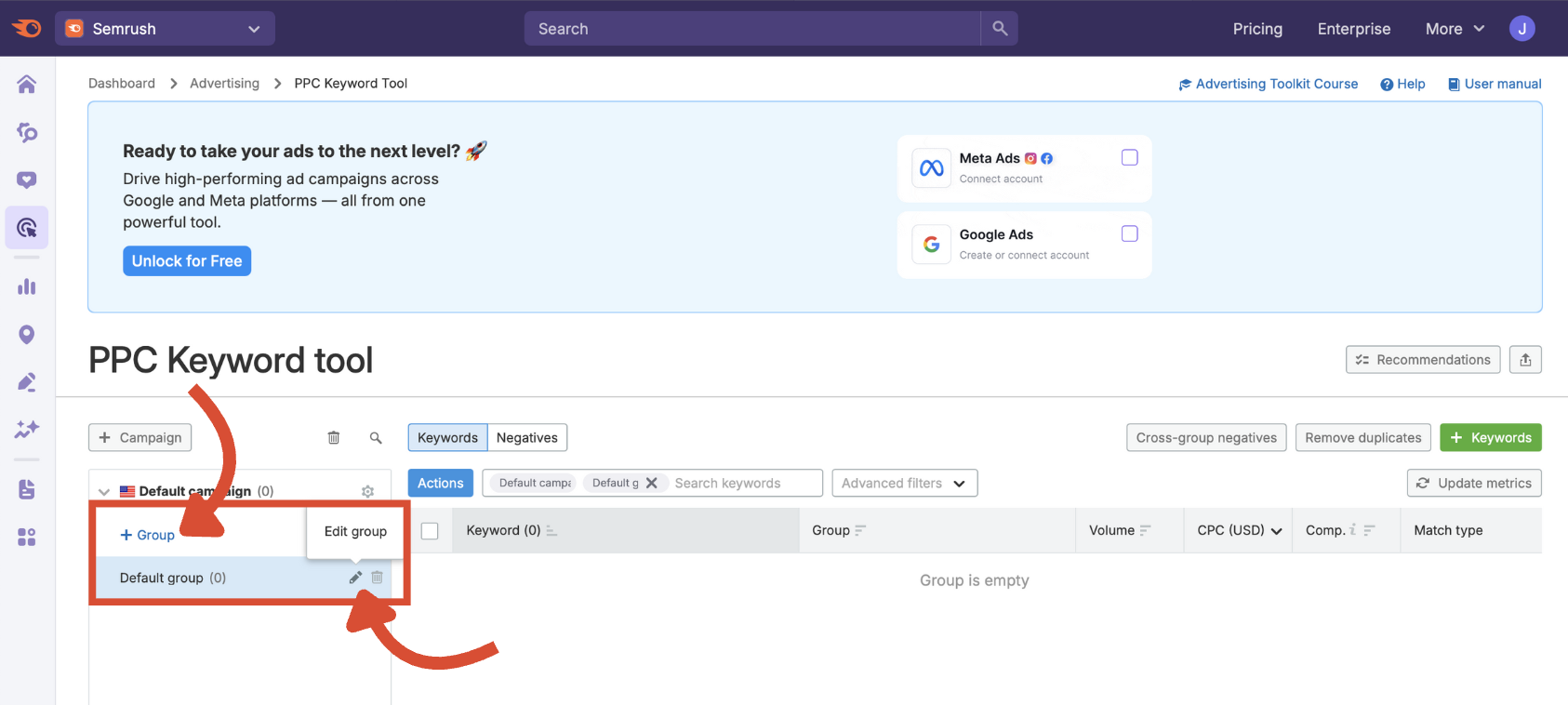 Add group button in the PPC Keyword Tool.&nbsp;